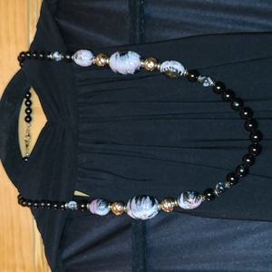Gorgeous Painted Beaded Necklace Black Oval Beads with pink, gold, & white 22"